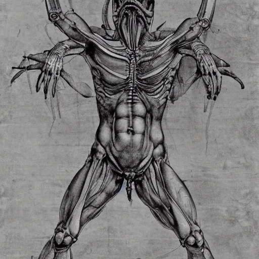 Prompt: Leonardo da Vinci anatomy study of Xenomorph XX121