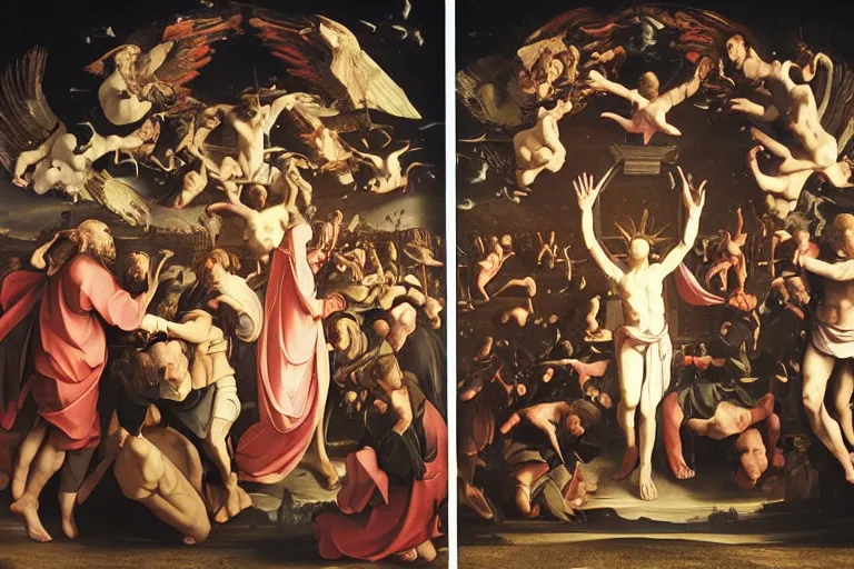 Prompt: a three panels altarpiece with biblical scenes in heaven, purgatory and hell by Beeple and Caravaggio, renaissance style, oil painting,