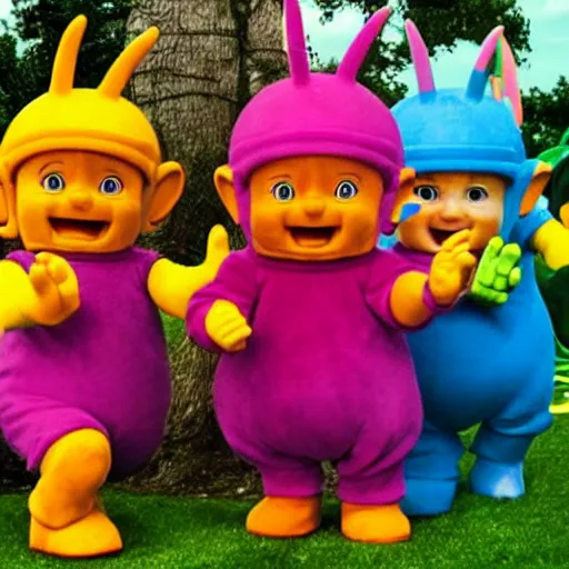 Prompt: the teletubbies are brawling with some young kids