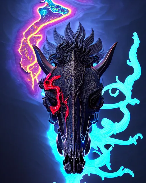 Prompt: 3 d ornate carved dark cosmic horse with profile portrait, sigma 5 0 0 mm f / 5. beautiful intricate highly detailed horse skull. bioluminescent, plasma, lava, ice, water, wind, creature, thunderstorm! artwork by tooth wu and wlop and beeple and greg rutkowski, 8 k trending on artstation