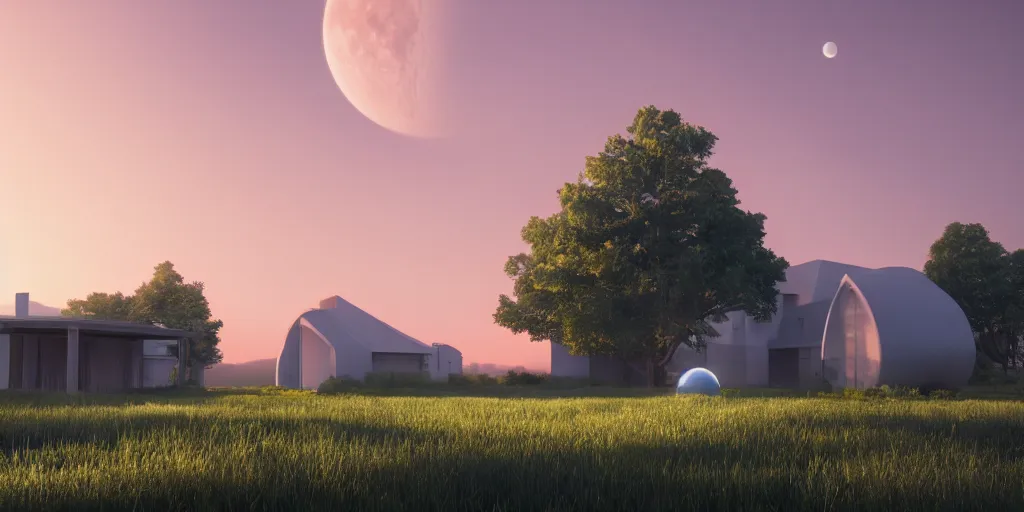 Prompt: a serene landscape with a singular building at sunrise with a giant jupiter appearing in the sky, digital art, concept art, octane render, unreal engine 5, hyperrealistic, highly detailed, high quality, 4K, low contrast, soft lighting, path tracing, complementary colors, natural lighting, geometric