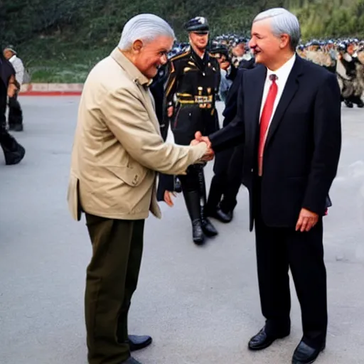 Prompt: Andres Manuel Lopez Obrador shakes hands with Hitler