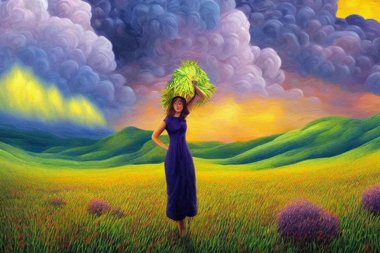 Image similar to giant flower heads, women standing in heather hills, surreal photography, stormy sky, dramatic lighting impressionist painting, digital painting, artstation, rob gonsalves