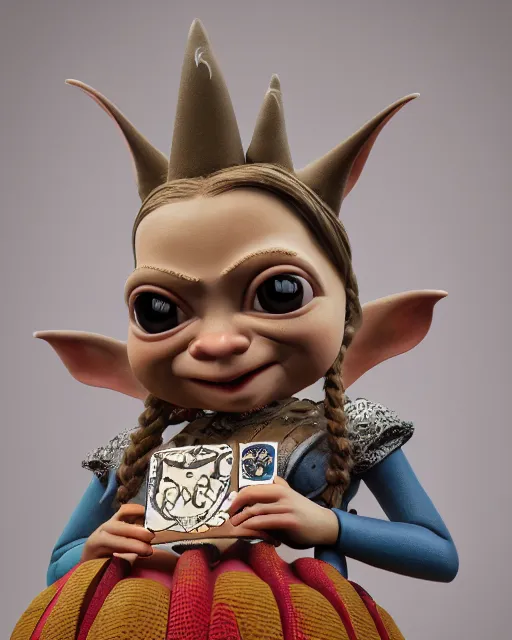 Image similar to highly detailed closeup, face profile portrait of a tin toy greta thunberg as a medieval goblin eating cakes in a castle, bikini, depth of field, nicoletta ceccoli, mark ryden, lostfish, dan decarlo, bob clampett, max fleischer, detailed and intricate environment, 8 k resolution, hyperrealistic, octane render