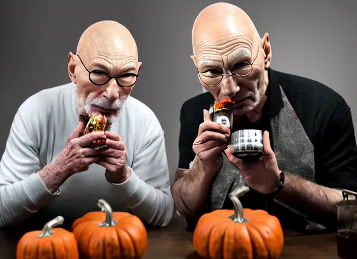 Image similar to a scene from a 2 0 2 0 s halloween kills, patrick stewart is eating from a can of beans, vhs distortion, cathode ray tube distortion, folk horror, hauntology, 8 k, 8 5 mm f 1. 8, studio lighting, rim light, right side key light