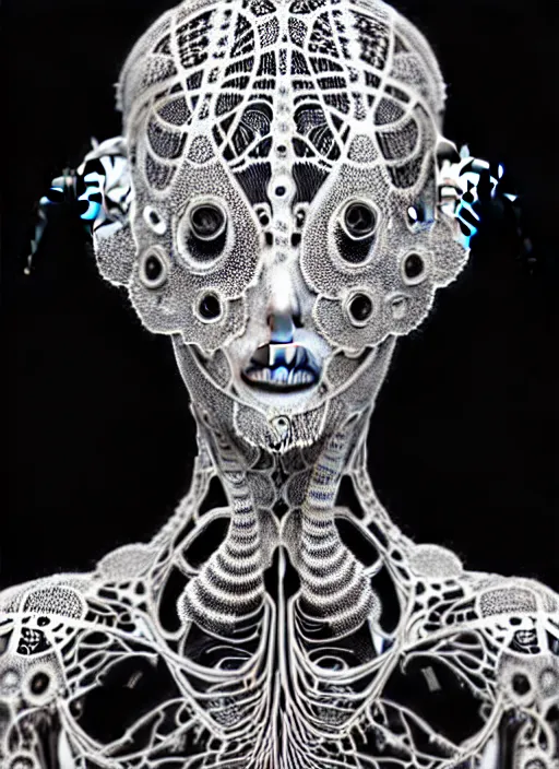 Image similar to surreal black and white photo portrait of complex bio-mechanical beautiful young female vegetal-cyborg with a Mandelbrot fractal steampunk metal fine lace face, a very long neck and a fine metal floral foliage super big lace collar by Alexander McQueen:: high fashion, haute couture, rococo, steampunk, silver filigree details, anatomical, facial muscles, cable wires, microchip, elegant, dreamy, foggy, hyper realistic, 150 mm lens, soft rim light, octane render, unreal engine, picture was taken in 1910 by Dora Maar, volumetric lighting, dramatic light,8k,