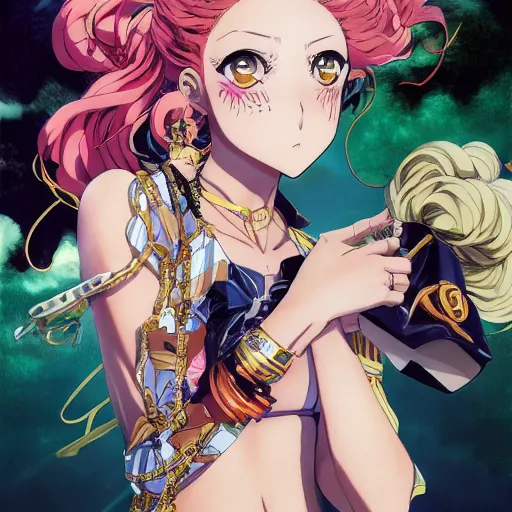 Image similar to Magazine Cover Anime key visual of a Gucci girl; official media; typography; drawn by Hirohiko Araki; Jojo's Bizarre Adventure; Jojolion, portrait, made by Stanley Artgerm Lau, WLOP, Rossdraws, James Jean, Andrei Riabovitchev, Marc Simonetti, Yoshitaka Amano, ArtStation