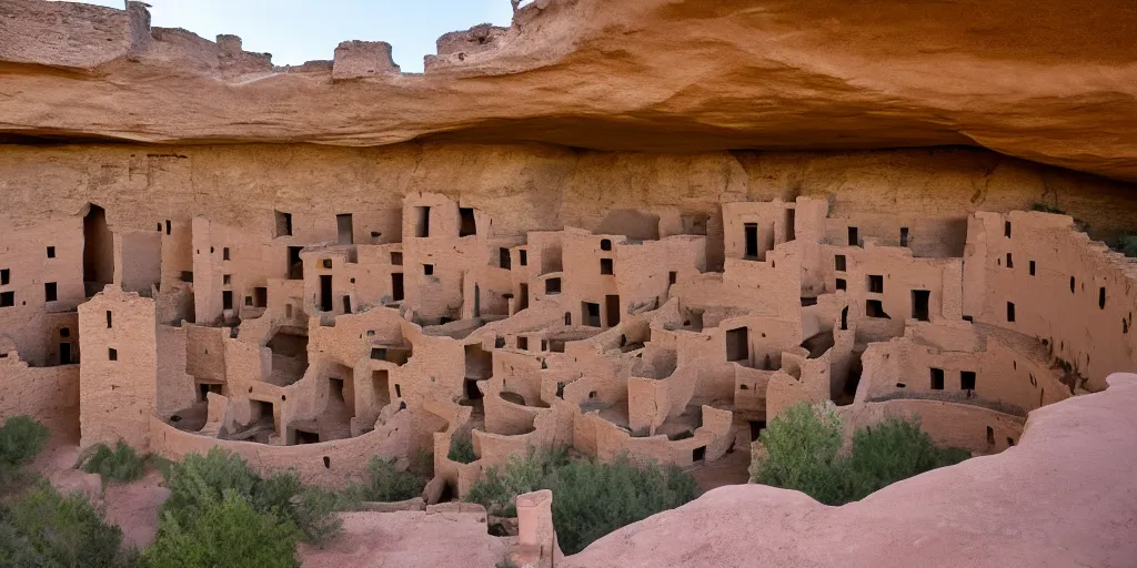 Prompt: cliff dwellings in mesa verde national park, in the style of a 8 0 s mall