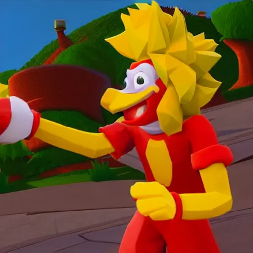 Image similar to image of ronald mcdonald, white face, red afro, red nose and yellow outfit as an enemy in spyro the dragon video game, with low poly playstation 1 graphics, upscaled to high resolution