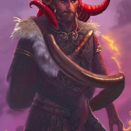 Image similar to dnd portrait of a tiefling, male, red scales, a big black beard, completely golden eyes, 1 curved horn growing out of his forehead, one broken horn growing out of his forehead,