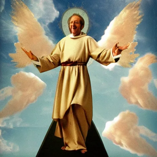 Image similar to piero angela as a saint in the sky sourrounded with angels