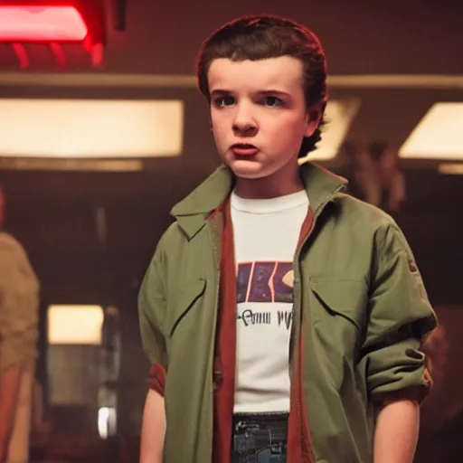 Prompt: a still of Mike from Stranger Things in mos Easley cantina from star wars