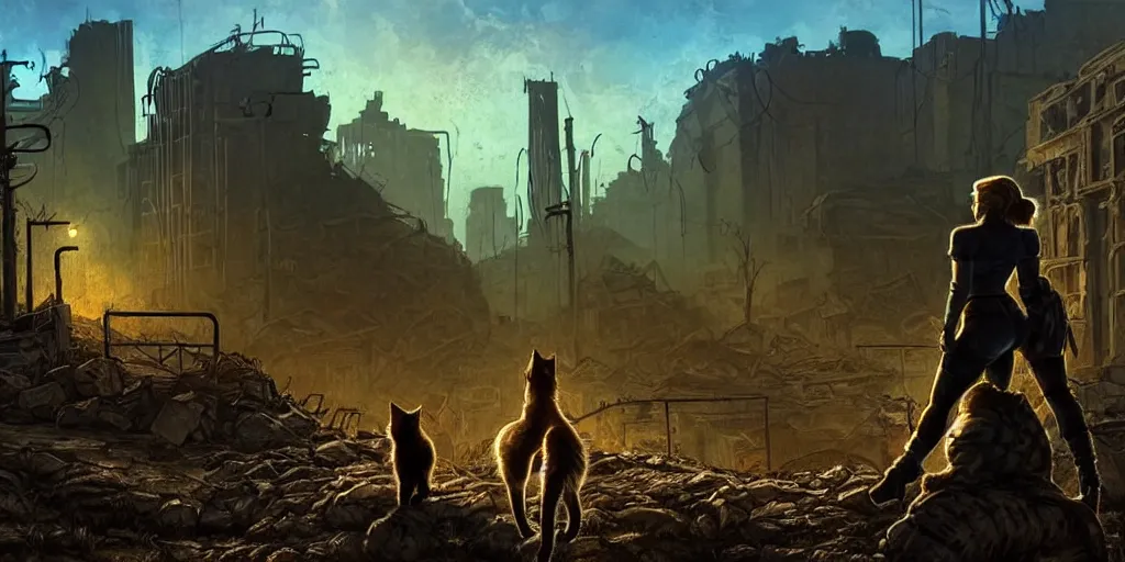 Image similar to fallout 5 concept art, female protagonist and feline companion, outdoor scene, some in the ruined city, atmospheric lighting, painted, cinematic, wide angle shot, intricate, volumetric lighting, beautiful, gritty, rich deep colours masterpiece, golden ratio, golden hour, sharp focus, ultra detailed by jack kirby, ignacio fernandez rios, thierry doizon