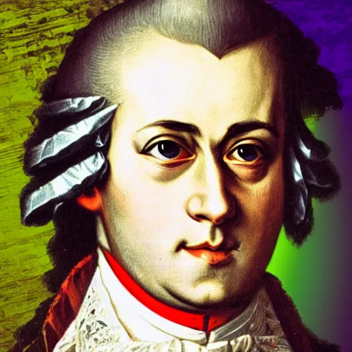 Image similar to Mozart with bloodshot eyes holding a weed joint in his hand, digital art