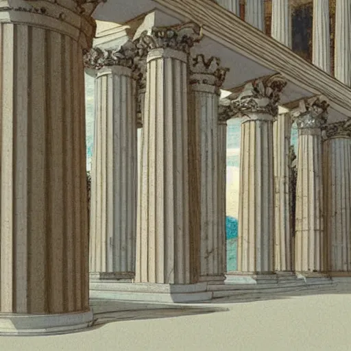 Prompt: Greek classical architecture, a colab between studio ghibli and paul delaroche