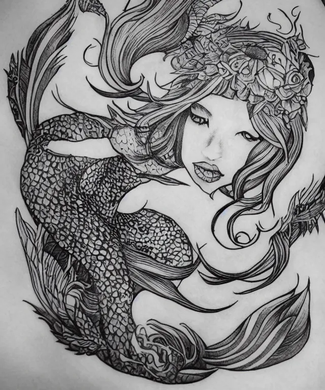 Image similar to tattoo design illustration, black ink on white paper, beautiful mermaid, full body