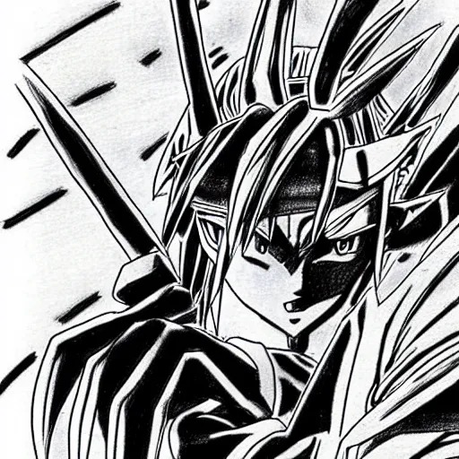 Image similar to anime, manga drawing of yugi muto versus sauron from lotr lord of the rings, yu - gi - oh art
