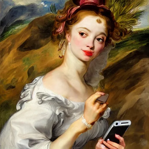 Image similar to heavenly summer sharp land sphere scallop well dressed lady taking a selfie with her cellphone auslese, by peter paul rubens and eugene delacroix and karol bak, hyperrealism, digital illustration, fauvist, cellphone