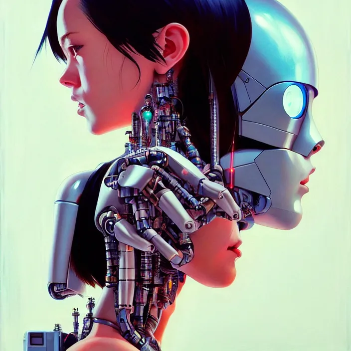 Image similar to side portrait of cyborg girl with robotic parts | | head only, audrey plaza, fine detail!! anime!! realistic shaded lighting!! poster by ilya kuvshinov katsuhiro otomo ghost - in - the - shell, magali villeneuve, artgerm, jeremy lipkin and michael garmash and rob rey