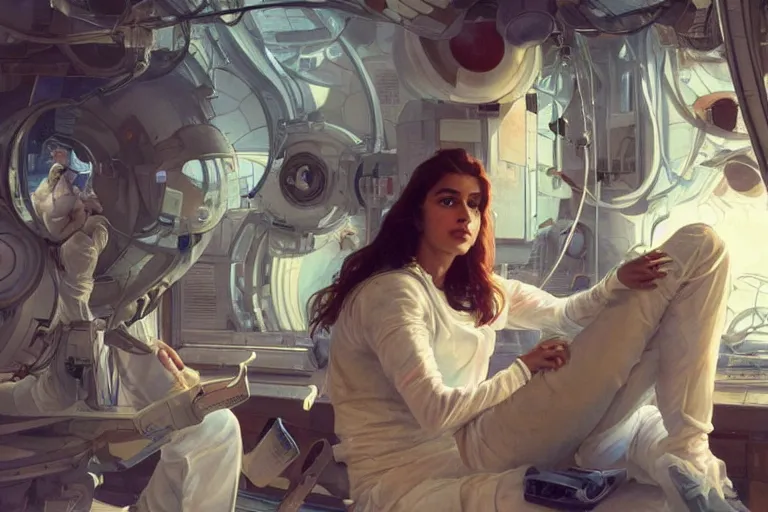 Image similar to Exhausted good looking pale young Indian doctors wearing jeans in a space station above Earth performing surgery, portrait, elegant, intricate, digital painting, artstation, concept art, smooth, sharp focus, illustration, art by artgerm and greg rutkowski and alphonse mucha