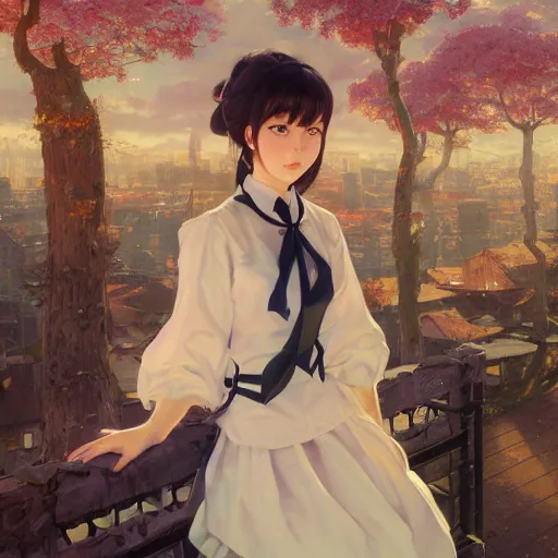 Image similar to a young woman in maid uniform by Stanley Artgerm Lau, WLOP, Rossdraws, Guweiz, Marc Simonetti, kyoani, krenz cushart, pixiv, background by James Jean and gustav klimt and John Marshall Gamble, 4k, volumetric lighting, french nouveau, trending on artstation, octane render, hyperrealistic