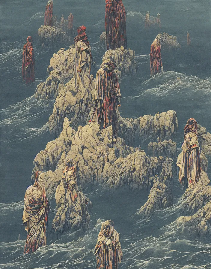 Image similar to worshippers in robes belonging to the cult of the lighthouse standing in waves, a lighthouse, high detailed Beksinski painting, part by Adrian Ghenie and Gerhard Richter and Ian Miller. art by Takato Yamamoto. masterpiece, deep colours, blue