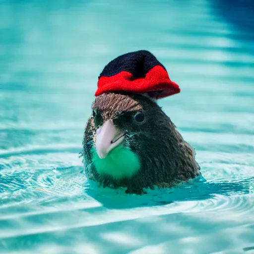 Prompt: a kiwi bird with a wooly hat swimming in a pool, 35mm photograph