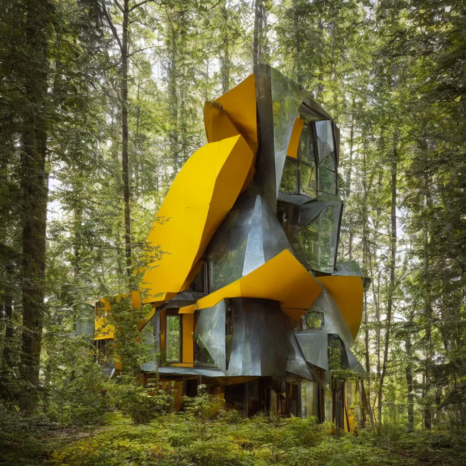 Prompt: a tiny house in the forest, designed by Frank Gehry. Tiles. Film grain, cinematic, yellow hue