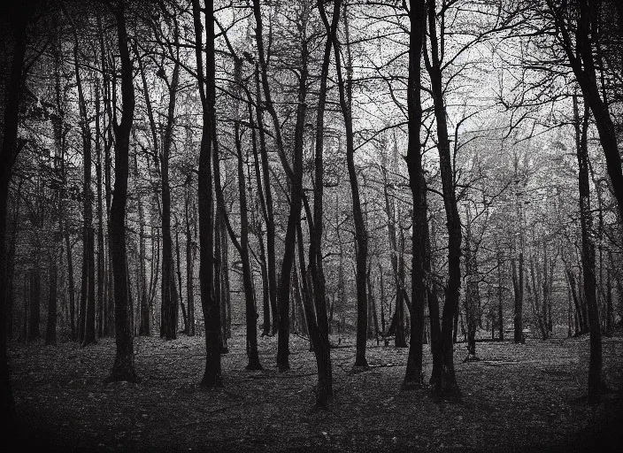 Prompt: church in the wood, by Jakub Rozalski, lomography photo, blur, unfocus, red monochrome