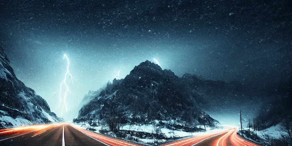 Prompt: snowy mountain road at night, lightning sky lit up with cosmic radiation, style of greg rutkowski, ominous creatures on the road, 8 k resolution, highly detailed illustration,