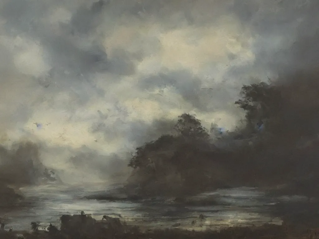 Image similar to morning landscape, painting by peter balke, oil on canvas