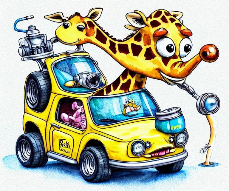 Image similar to cute and funny, giraffe wearing a helmet riding in a tiny hot rod with oversized engine, ratfink style by ed roth, centered award winning watercolor pen illustration, isometric illustration by chihiro iwasaki, edited by range murata, tiny details by artgerm and watercolor girl, symmetrically isometrically centered