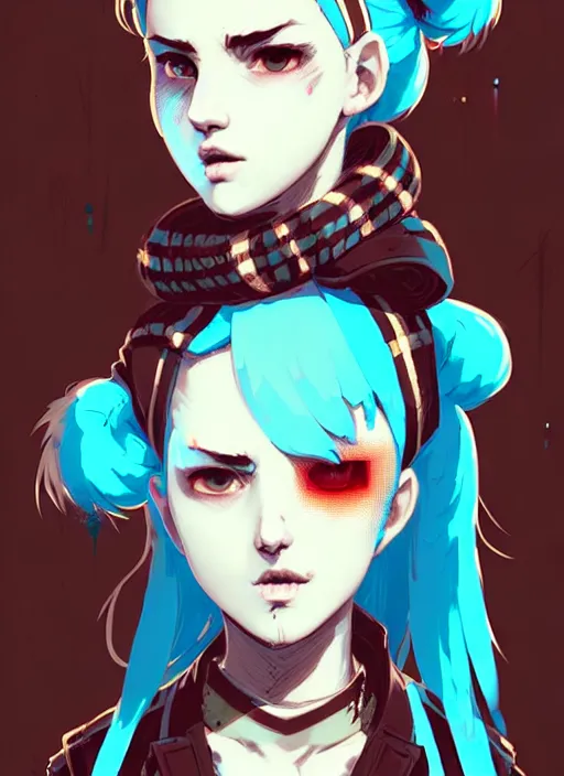 Image similar to highly detailed closeup portrait of a sewer punk pretty female road warrior student, tartan garment, cyan hair pigtails with headband by atey ghailan, by greg rutkowski, by greg tocchini, by james gilleard, by joe fenton, by kaethe butcher, gradient red, black, brown and white color scheme, grunge aesthetic!!! white graffiti tag wall background