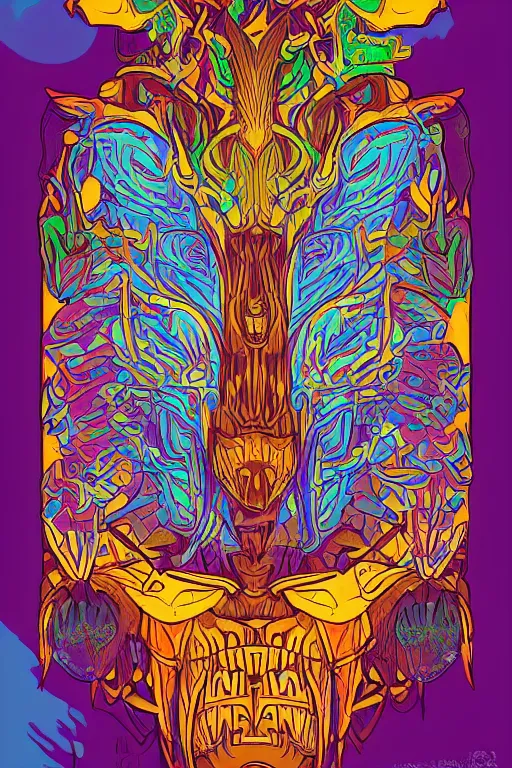 Image similar to animal mask totem roots flower tribal feather gemstone plant wood rock shaman vodoo video game vector cutout illustration vivid multicolor borderlands comics by josan gonzales and dan mumford radiating a glowing aura