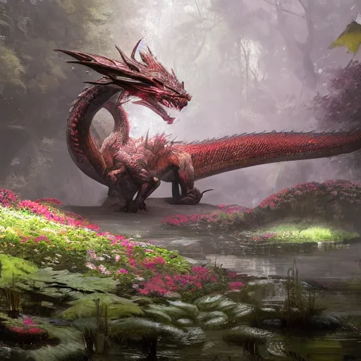 Prompt: a dragon, the body of the dragon is made out of flowers, small lake, in a forest glade, 4 k digital artwork, concept art, by wadim kashin