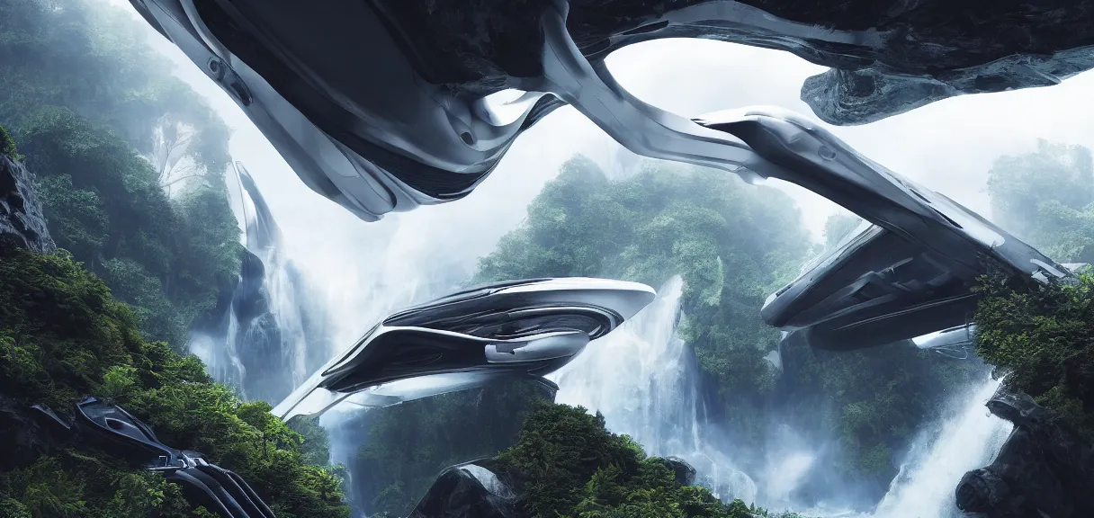 Prompt: a scifi spacecraft by zaha hadid, hovering above a waterfall, beautiful landscape, environment, low angle view, hyper realism, concept art, low angle, high detail, volumetric, dramatic lighting, long shadows, ominous, misty, beautiful, by maxime bibi and jordan grimmer, breathtaking scene, cinematic, 8 k