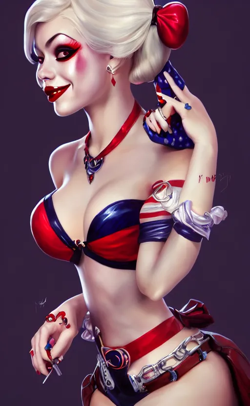 Image similar to a pin up and beautiful fashion charming dreamlke harley quinn with lv jewelry, character art, art by artgerm lau and wlop and and ilya kuvshinov and john singer sargent, hyperdetailed, 8 k realistic, symmetrical, frostbite 3 engine, cryengine, dof, trending on artstation, digital art