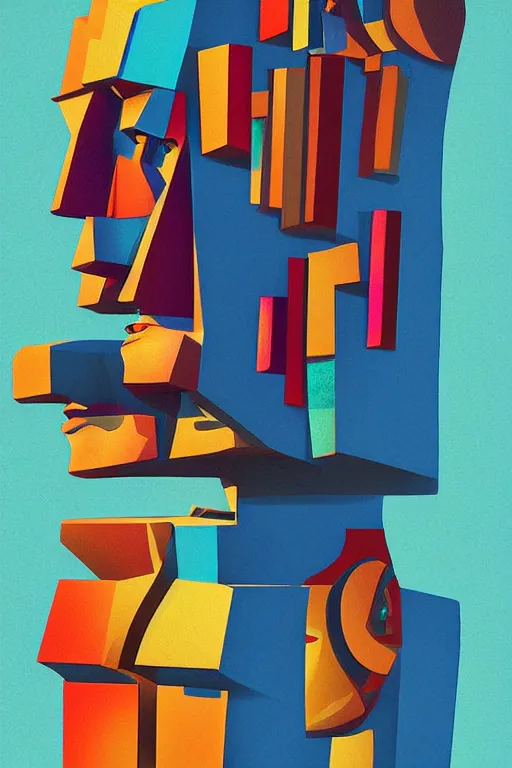 Image similar to cubist moai statue cutout digital illustration cartoon colorful beeple