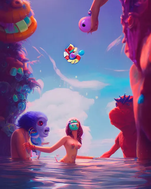 Image similar to highly detailed surreal vfx portrait of an anthropomorphic candy pool party, stephen bliss, unreal engine, greg rutkowski, loish, rhads, beeple, makoto shinkai and lois van baarle, ilya kuvshinov, rossdraws, tom bagshaw, global illumination, detailed and intricate environment