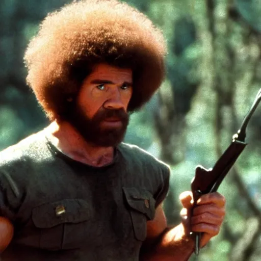 Image similar to A still of Bob Ross as Rambo in Rambo First Blood (1982), cinematic shot, dramatic lighting