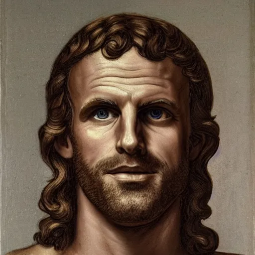 Prompt: portrait of Emmanuel macron, the prophet of the Common People, in the manner of a modern representation of Christ, high details, symmetrical face