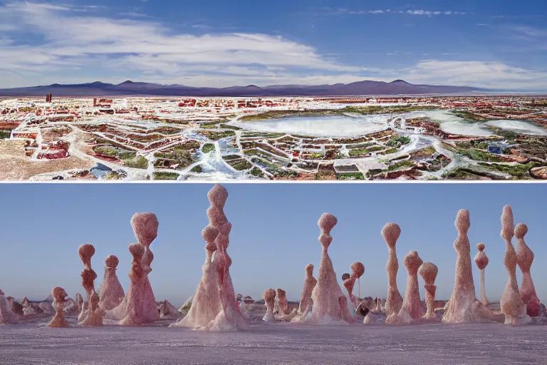 Prompt: Modern town with luxurious streets and Singaporean lush garden with royal white and pink and white and luxurious gold colors, advanced civilization, high-end statue, at the Salar De Uyuni, Hexagonal formations on the surface of salt crystallization, combined between sedimentary deposits, bubbling geysers, interstellar night reflection of the sky, intricate, elegant, luxurious, digital painting, concept art, smooth, sharp focus, from Star Trek 2021, illustration, by WLOP and Ruan Jia and Mandy Jurgens and William-Adolphe Bouguereau, Artgerm