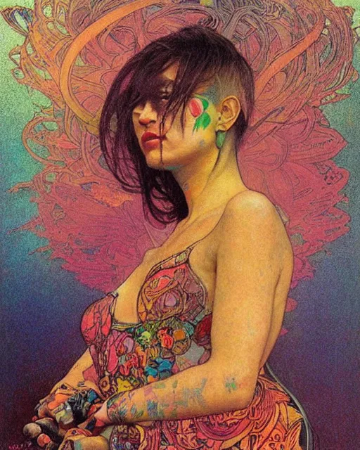 Image similar to rainbow flowerpunk portrait of a skateboarding tattooed matriarch by paul lehr, beksinski, alphonse mucha