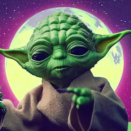 Image similar to “an 8k hi res extremely detailed photorealistic magazine editorial photo shoot pic of yoda with a long bear holding up and praising a glowing hemp leaf on a strange moon. Colorized”