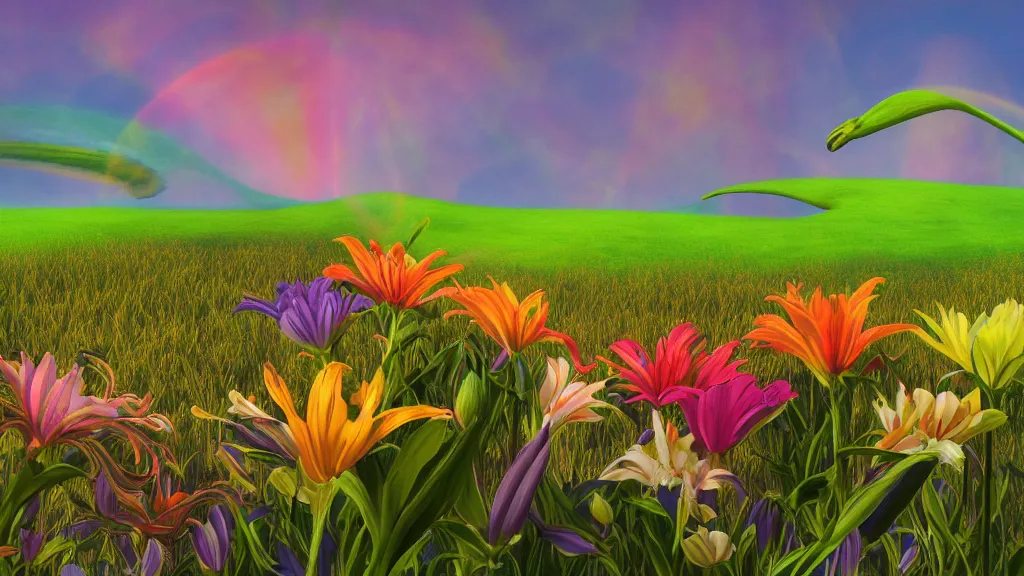 Prompt: first person perspective digital illustration of a field of giant multi-colored lilies by Dr. Seuss, reimagined by Industrial Light and Magic and beeple:1|tpwering megaflora by Dr. Seuss, spectral color, rolling hills, wide angle panoramic:0.9|fantasy, cinematic:0.9|Unreal Engine, Octane, finalRender, devfiantArt, artstation, artstation HQ, behance, HD, 16k resolution:0.8