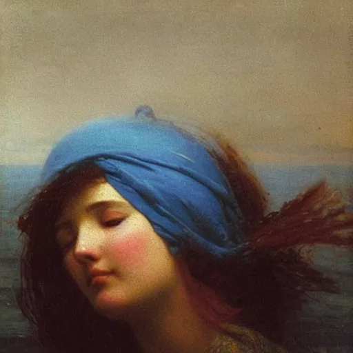 Prompt: a woman’s face, her eyes are covered with a flowing blue satin blindfold, by ivan aivazovsky and alma tadema and and willen claesz heda and aelbert cuyp