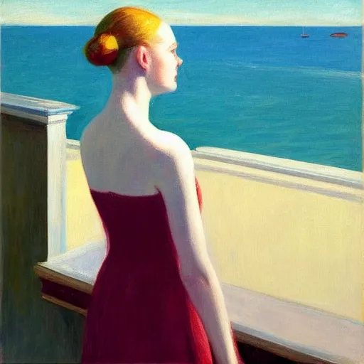 Prompt: painting of Elle Fanning looking at the ocean, by Edward Hopper