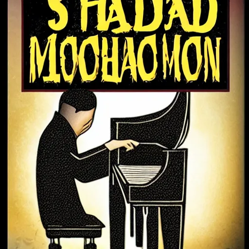 Prompt: shade of man playing piano, occult, hidden truth, gloomy, story book for adults