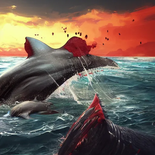 Prompt: pile of dead whales, sharks, fishes on the beach, red juice leaking, painting, artstation