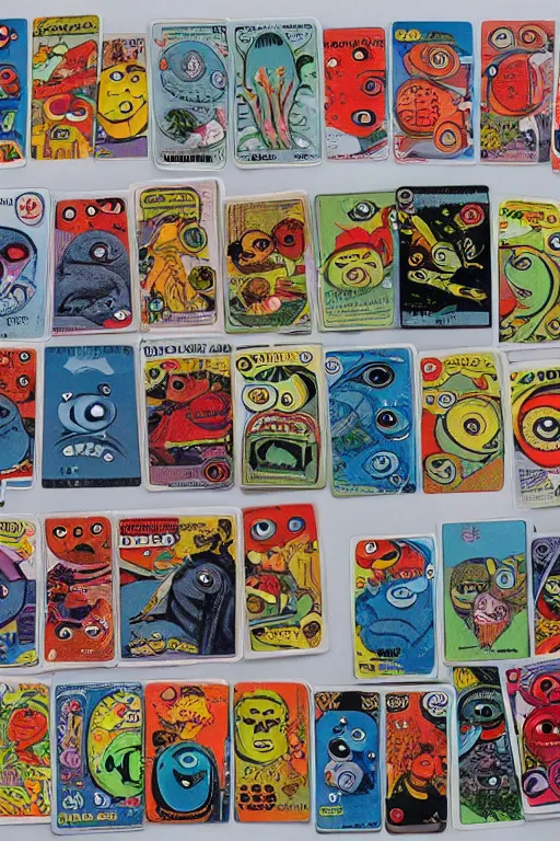 Prompt: collectible cards with colourful creepy umibozu monsters, 1980s